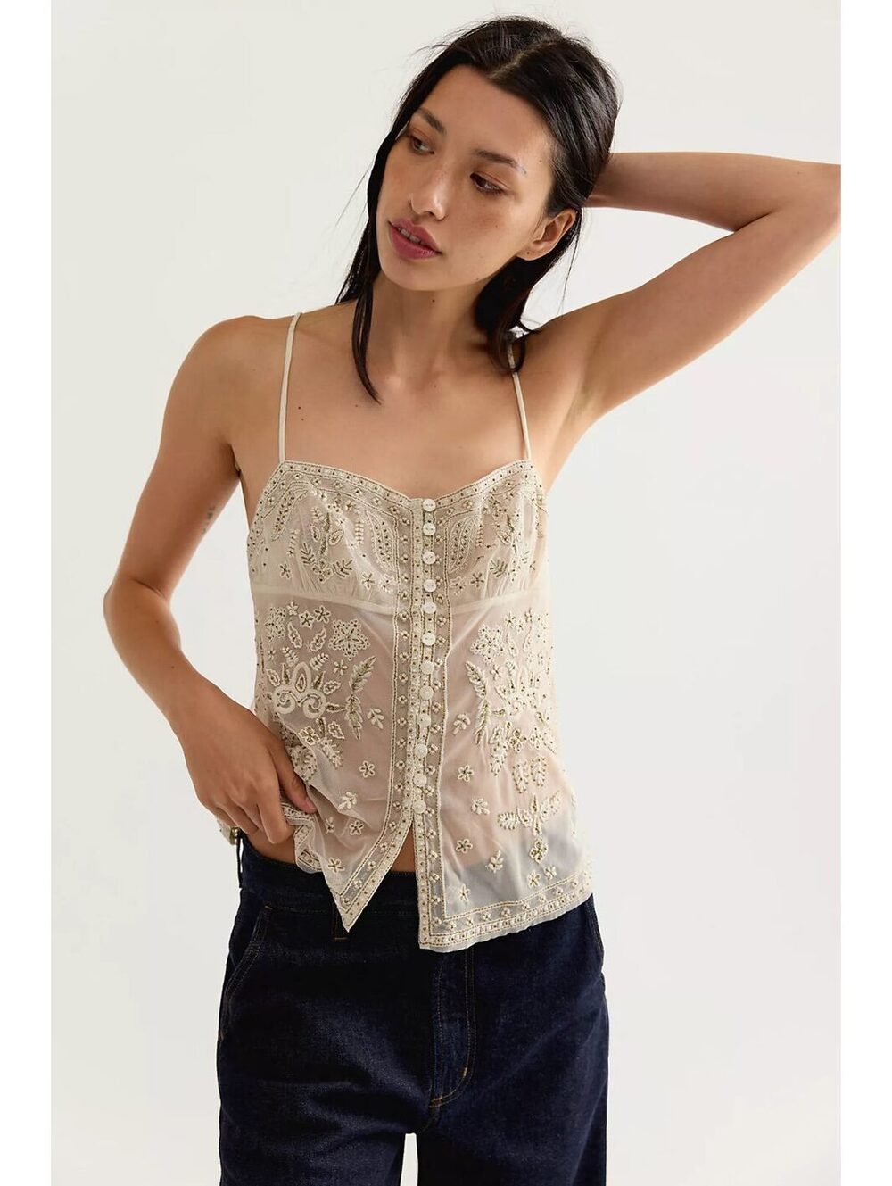 FREE PEOPLE Aurora Embellished Embroidered Mesh Button Up Top